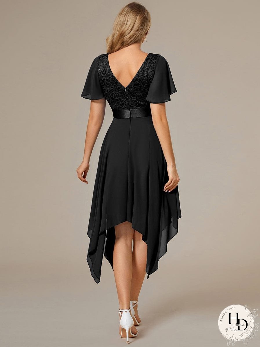 V-Neck Asymmetrical Dress with Short Sleeves