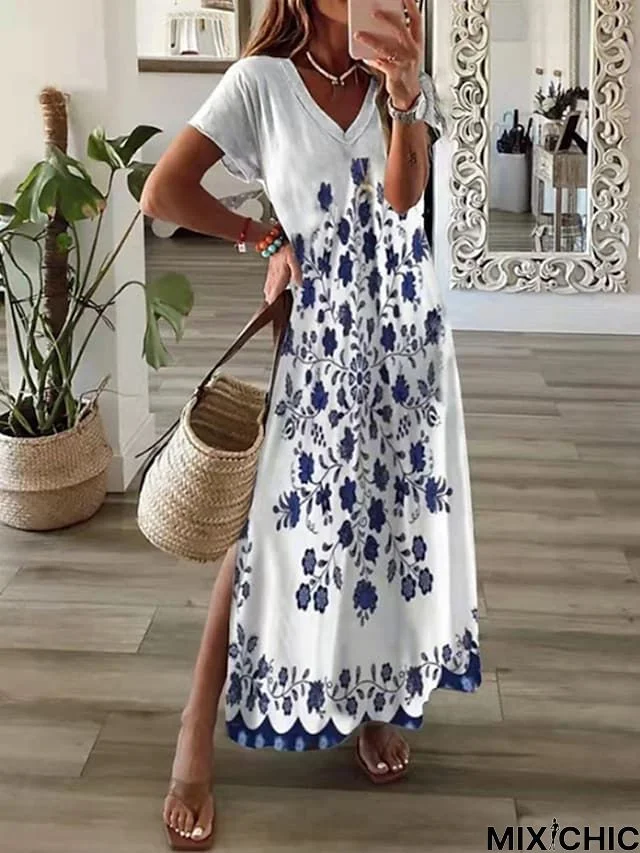 Women's Long Dress Maxi Dress Casual Dress T Shirt Dress Tee Dress Print Dress Floral Striped Basic Casual Outdoor Holiday Vacation Split Print Short Sleeve V Neck Dress Loose Fit White Blue Orange