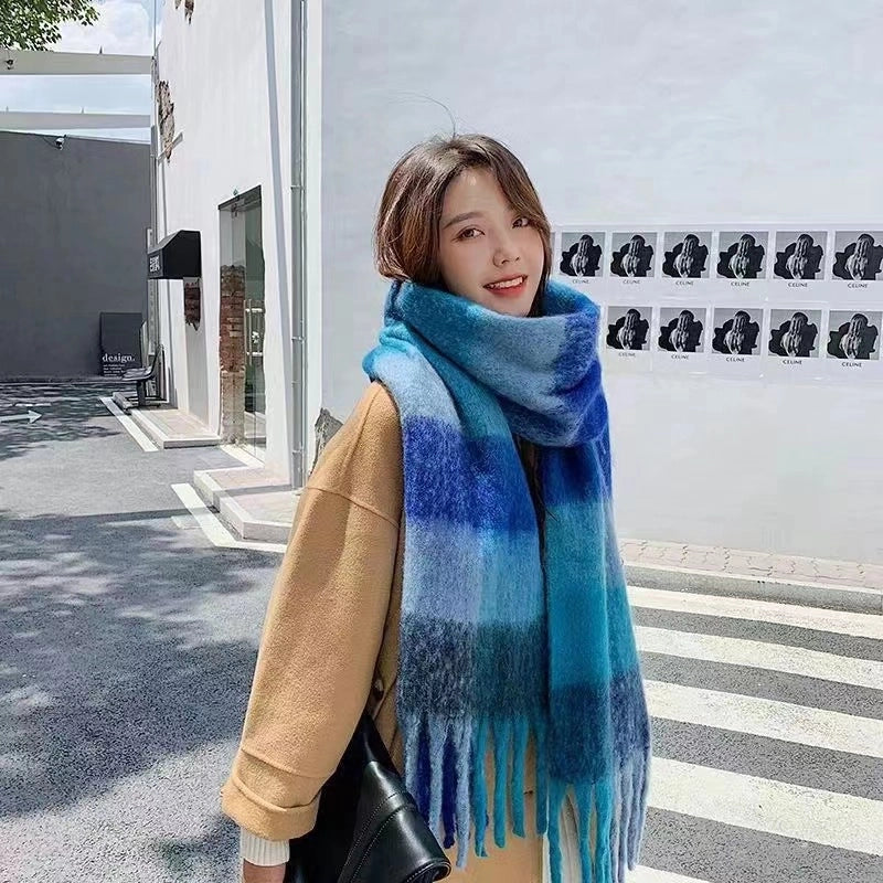 Rainbow Plaid Tassel Scarf For Women Autumn And Winter Famous Color Matching Cashmere Mohair Shawl Thickened Scarf