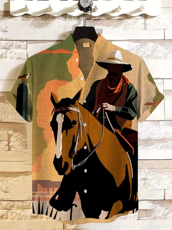Men's Retro Western Cowboy Color Block Geometric Art Print Casual Shirt