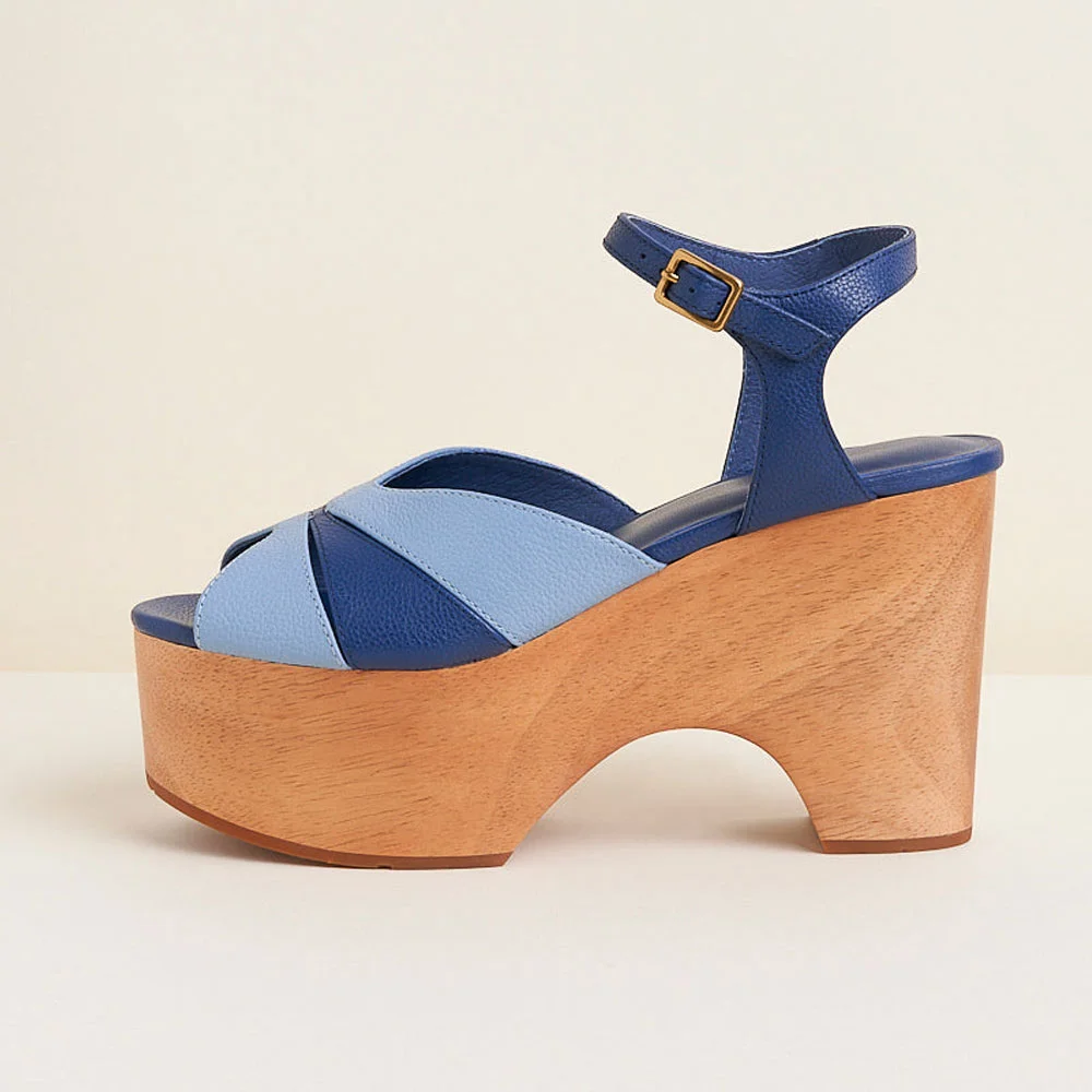 Navy & Sky Blue Peep Toe Ankle Strap Clog Heels with Platform