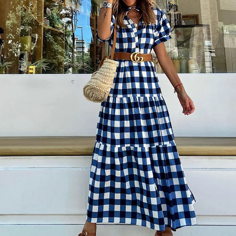 Woherb Woherb Spot 2023 Summer New Fashion Stand Collar Short Sleeve Bohemian Medium Long Plaid Dress-Outfit Ideas