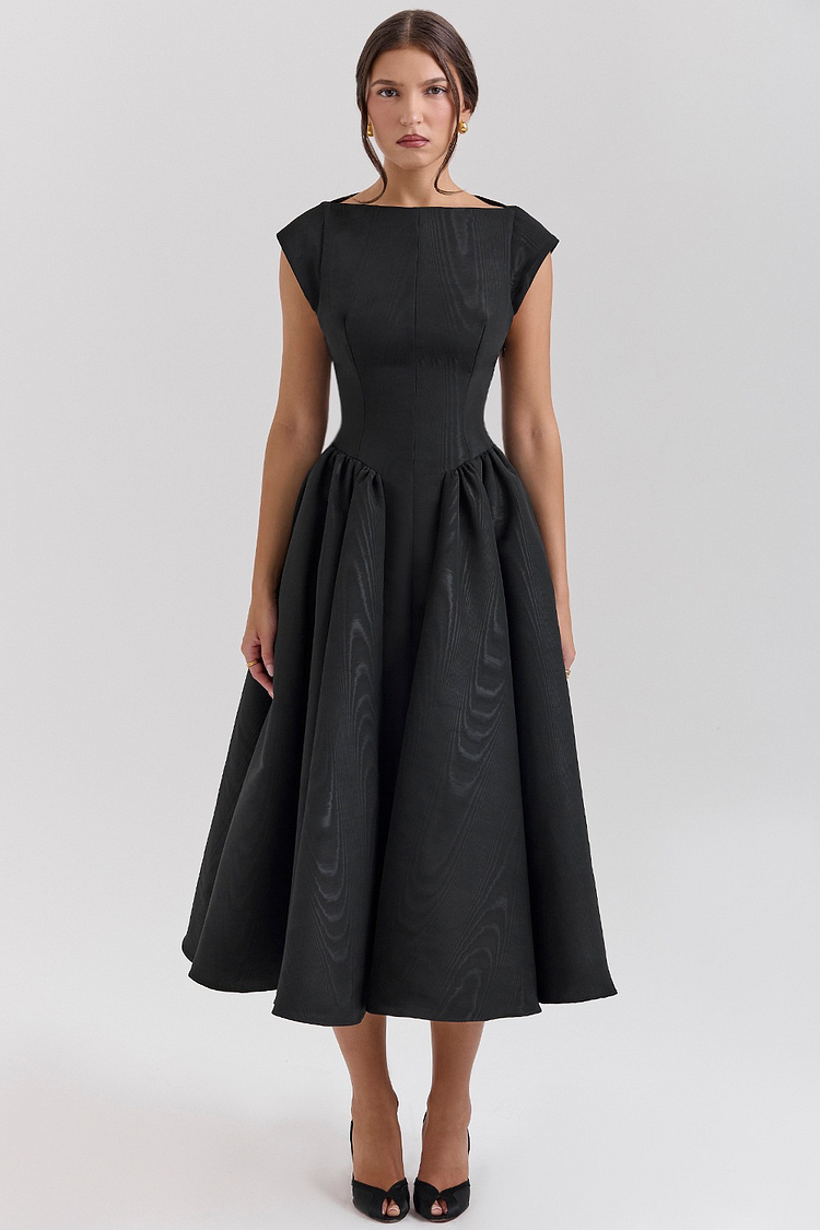 Solid Color Cinch Waist Cap Sleeve Backless Midi Dresses-OffWhite