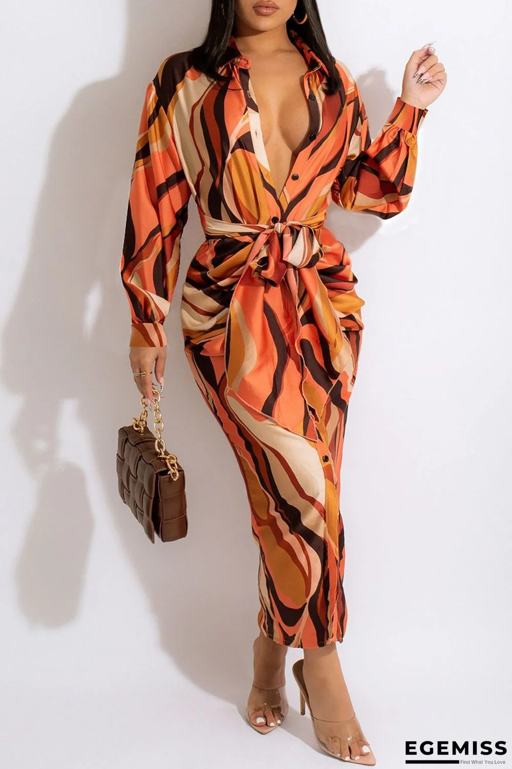 Orange Casual Print Patchwork Buckle With Belt Turndown Collar Shirt Dress Dresses | EGEMISS