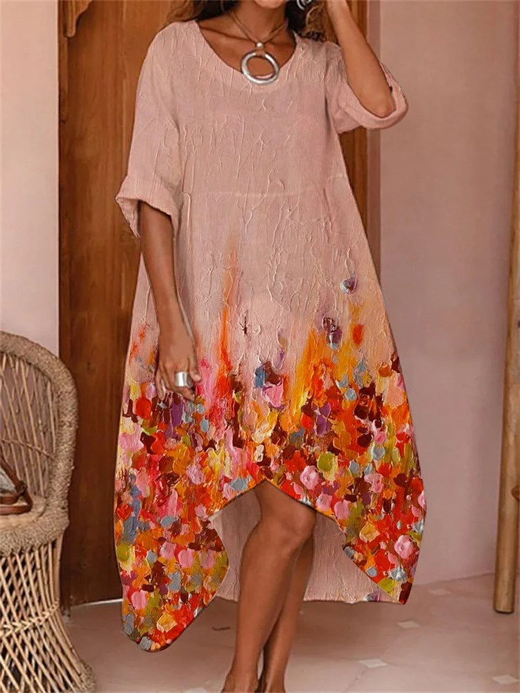 Women's  elegant floral print Loose casual mid-length  dress