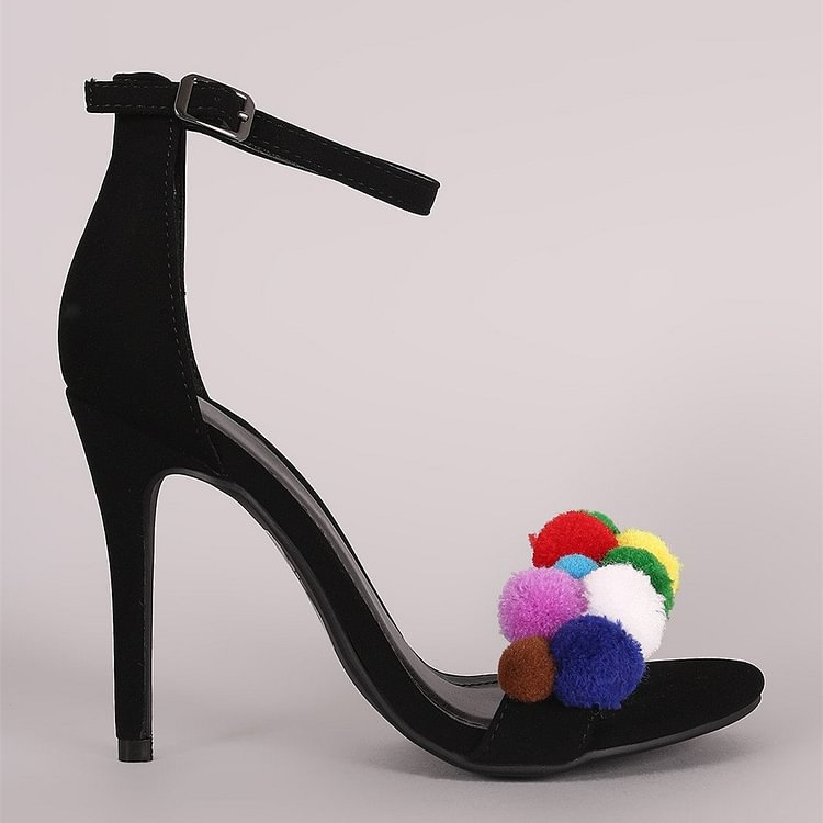 Black Pom Pom Shoes Stiletto Heel Ankle Strap Sandals |FSJ Shoes