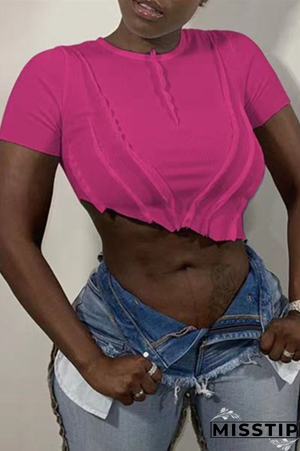 Rose Red Fashion Casual Solid Asymmetrical O Neck T-Shirts