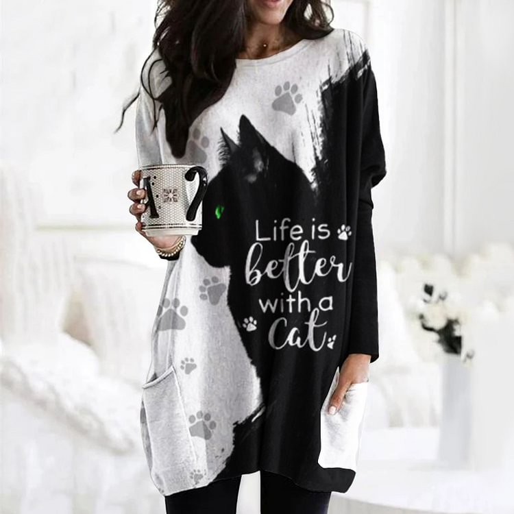 Vefave Contrast Cat Print Long Sleeve Casual Tunic