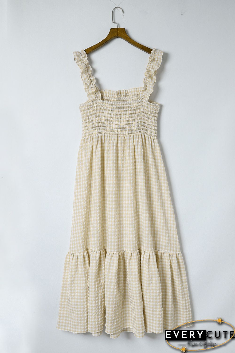 Khaki Plaid Ruffled Sleeve Smocked Maxi Dress
