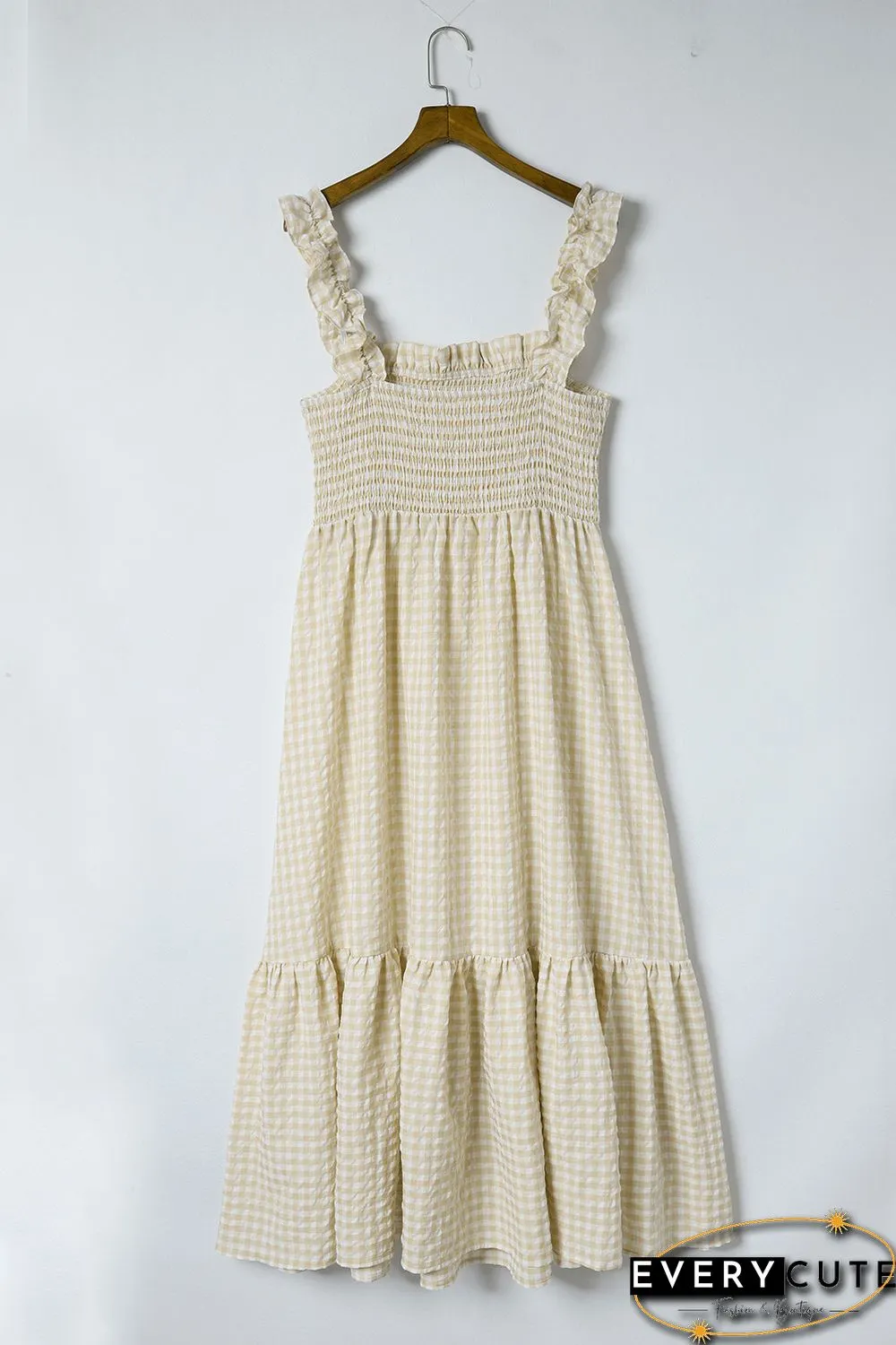 Khaki Plaid Ruffled Sleeve Smocked Maxi Dress