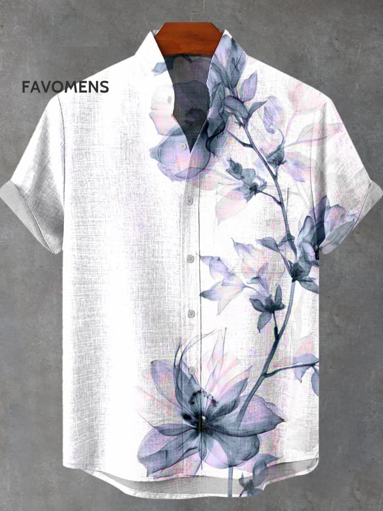 Summer Ink Flowers Retro Pattern Art Print Casual 100% Cotton Shirt Multicolor / S