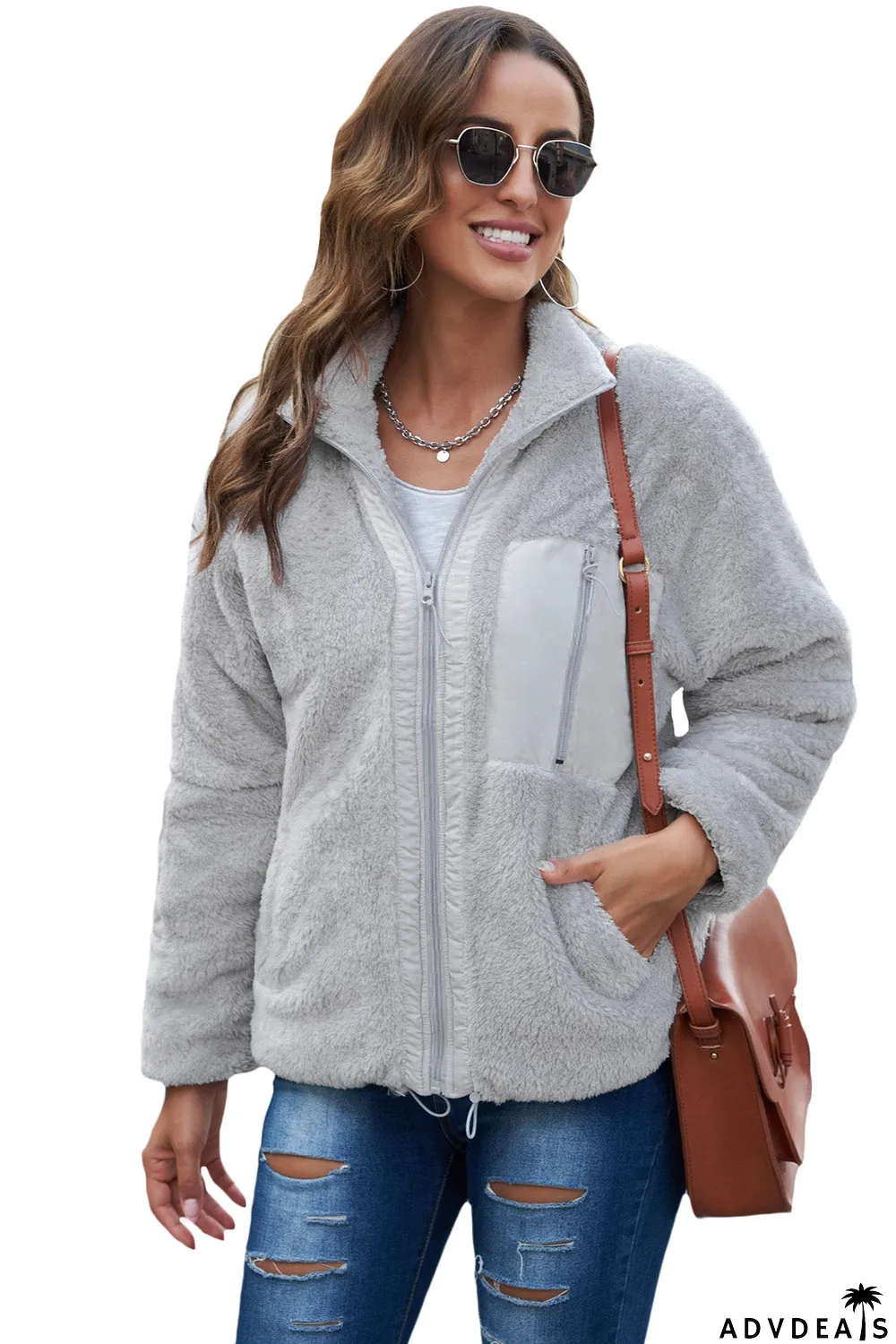 Zip Up Sherpa Coat With Pocket