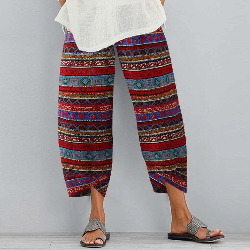 ZANZEA Vintage Floral Printed Pants Summer Women Cotton Linen Trousers Harem Pants Elastic Waist Loose Pantalon Pant