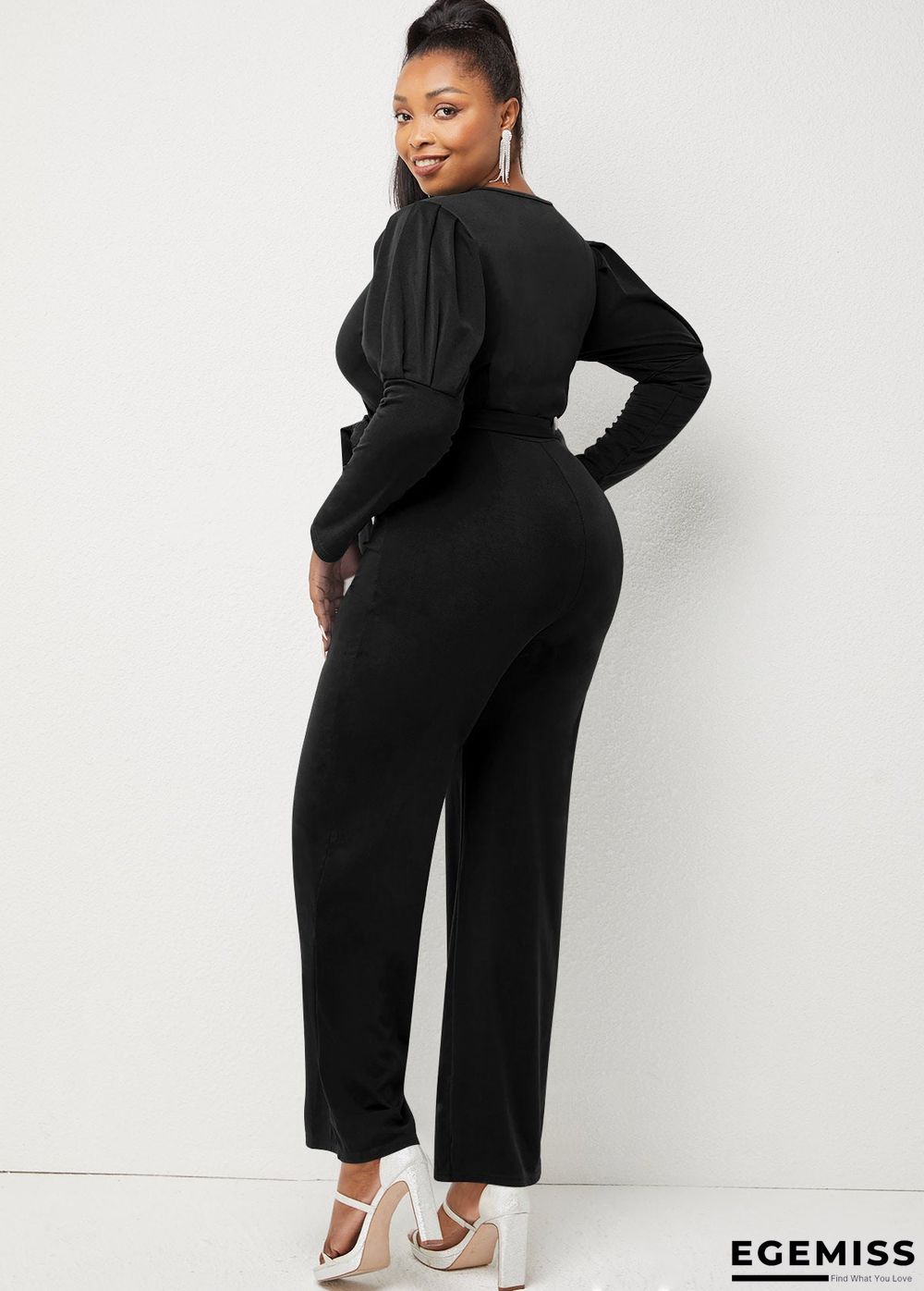 Autumn and Winter Solid Color V-neck Bubble Sleeve Personalized Casual Wide Leg Jumpsuit | EGEMISS