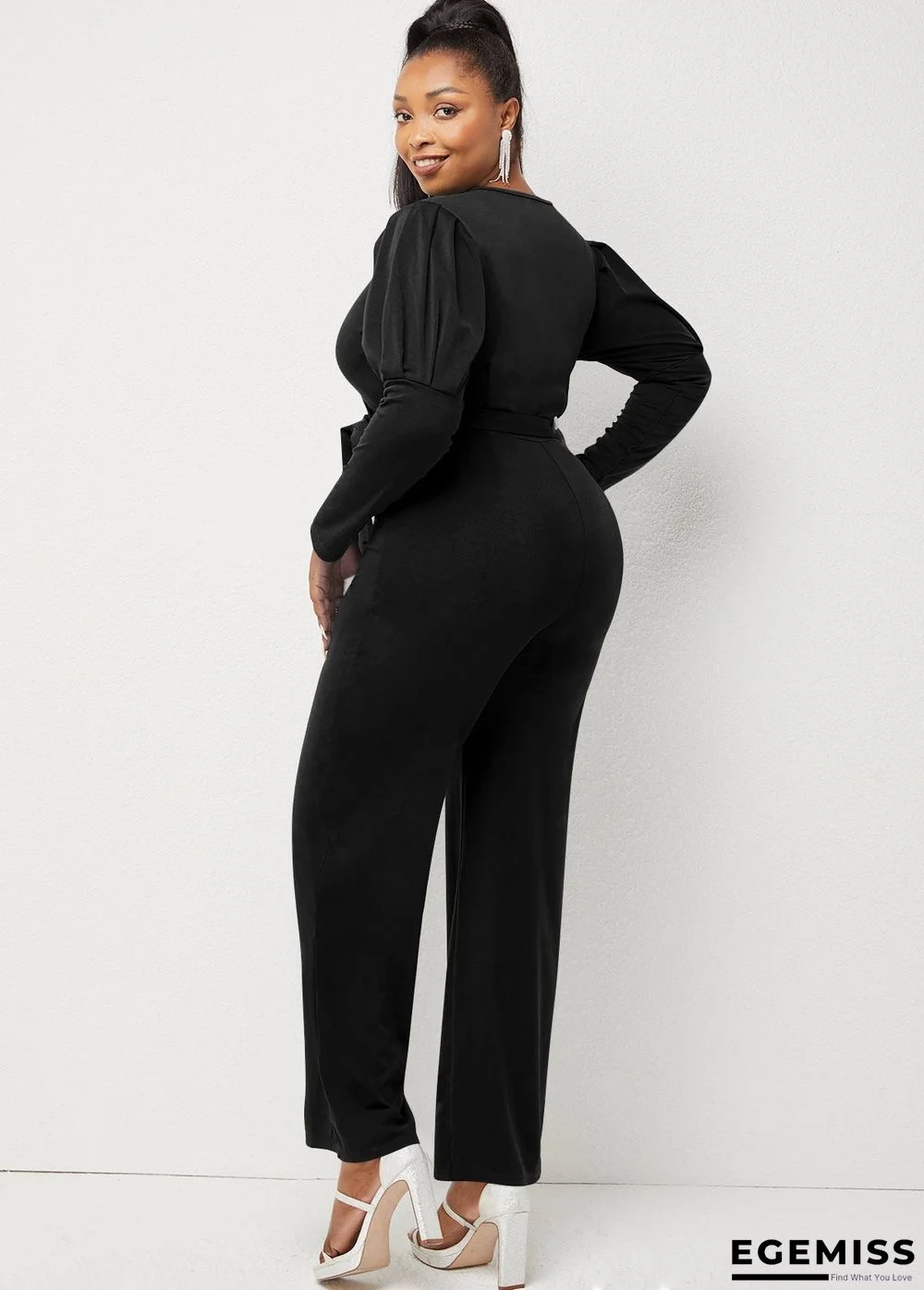 Autumn and Winter Solid Color V-neck Bubble Sleeve Personalized Casual Wide Leg Jumpsuit | EGEMISS