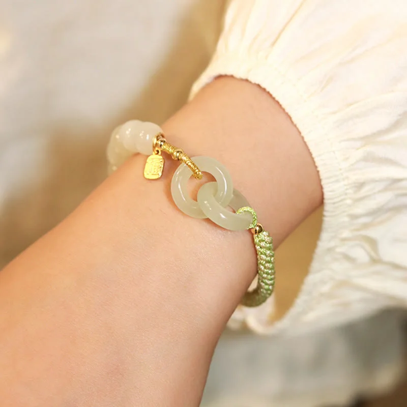 Natural Hetian Jade Bead Double Peace Buckle Fu Character Abundance Braided Bracelet