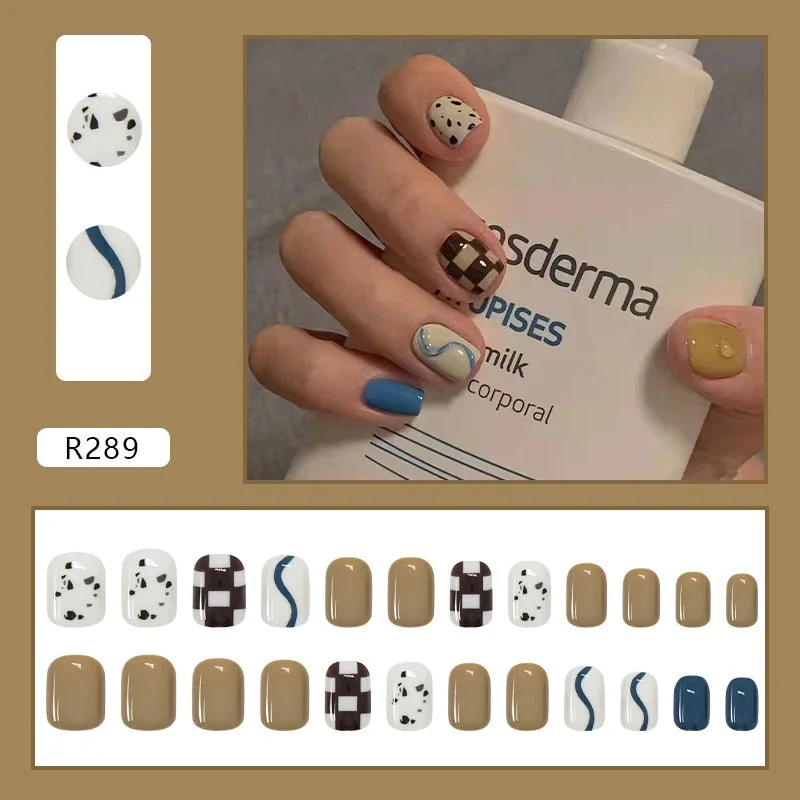 24Pcs/Set French Rhombus Designs False Nail Full Cover Fake Nails with Glue Detachable Wearable DIY Manicure Nail Art Tools-Nail Inspo