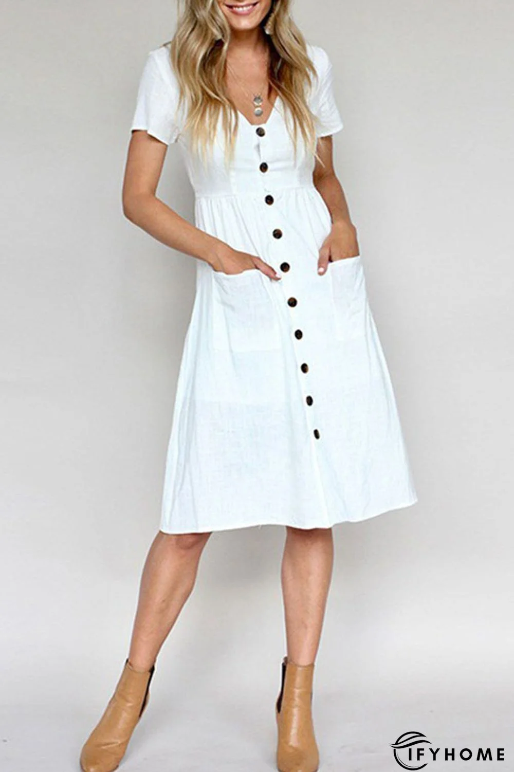 V-Neck Button Pocket Short Sleeve Midi Dress | IFYHOME
