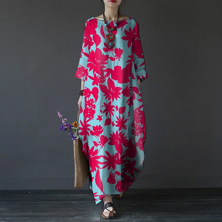 Contrast Maple Leaf Print Maxi Dress
