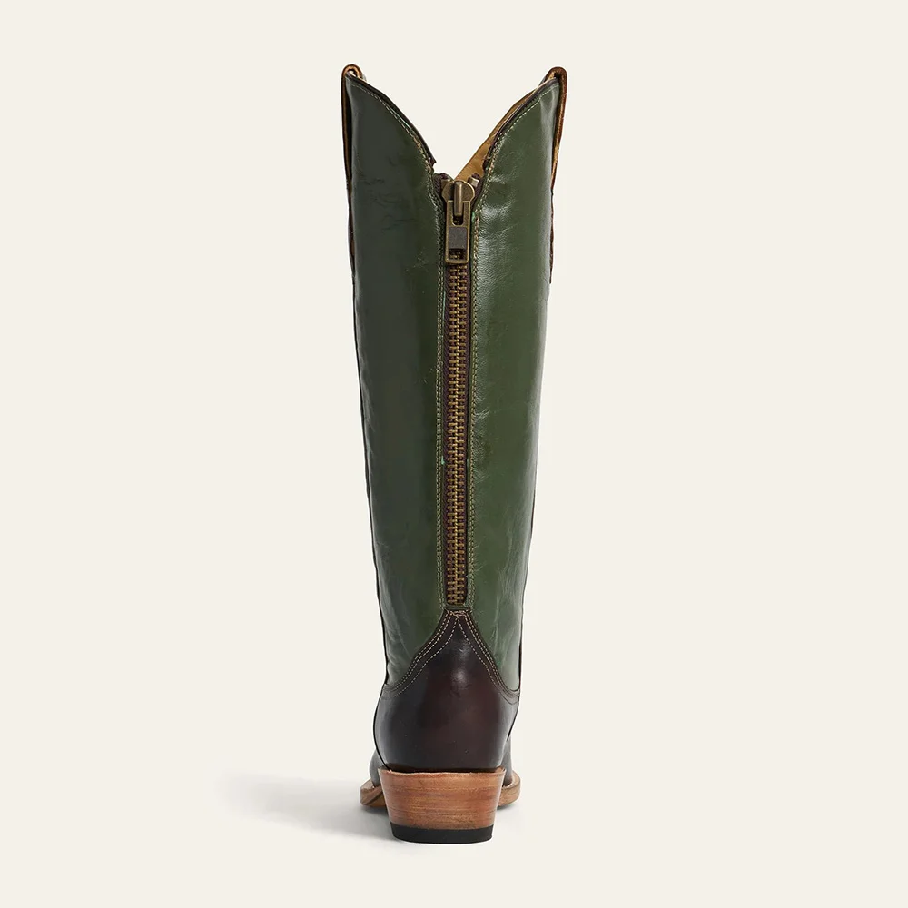 Black & Green Embroidered Knee High Snip Toe Western Boots with Zip