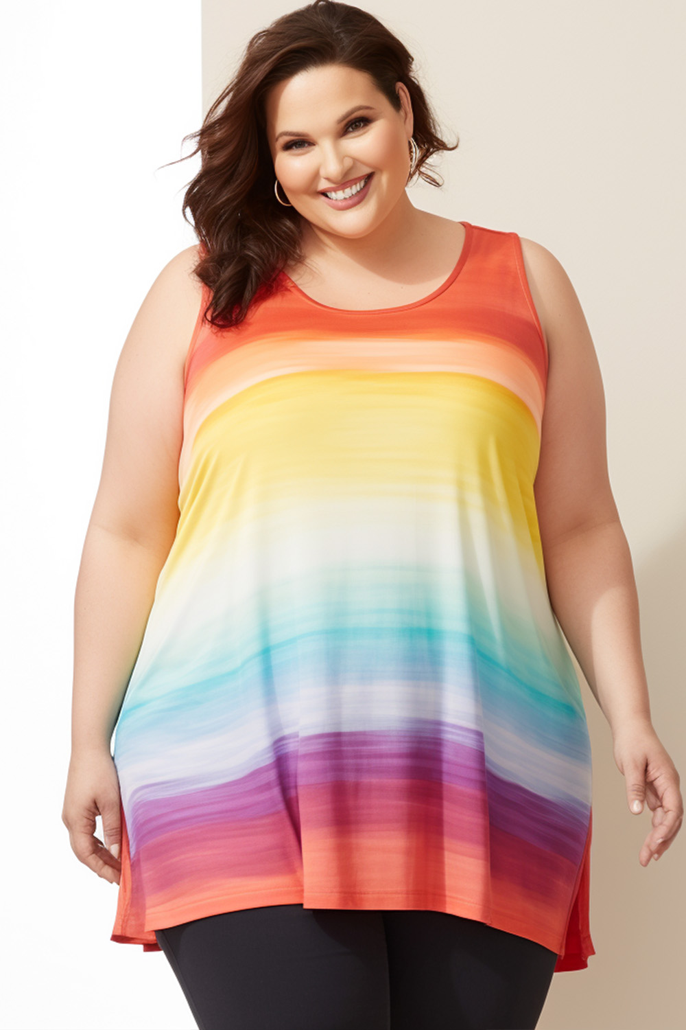 Flycurvy Plus Size Everyday Multicolor Ombre Crew Neck Rainbow Tank Top 2024 - Flycurvy 