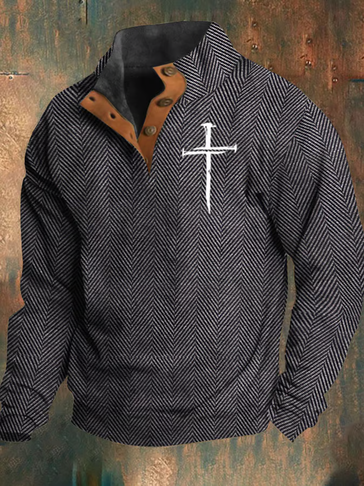 Comstylish Men's Vintage Jacquard Herringbone Faith Design Print Stand Collar Button-Up Sweatshirt