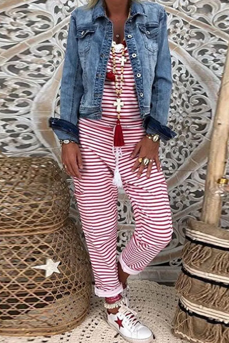 Split Frenulum Street Striped Split Joint Frenulum Regular Jumpsuits