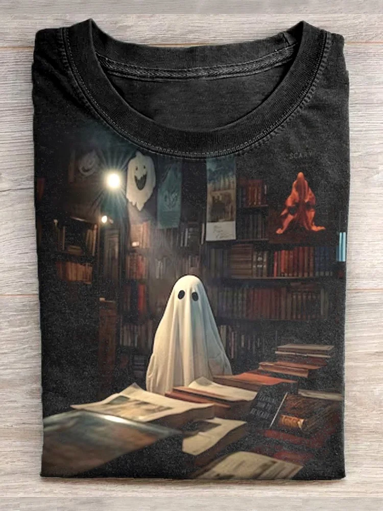 Unisex Halloween Bookstore Ghost Artistic T-shirt