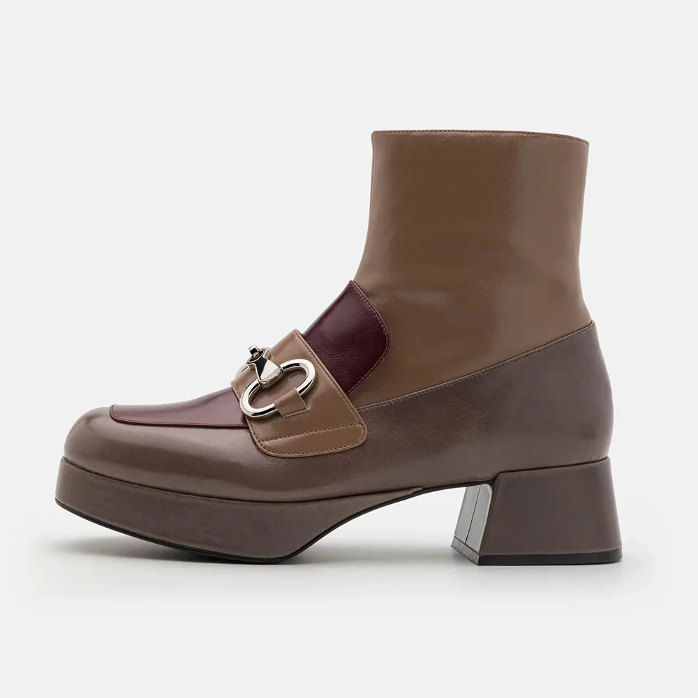 Brown & Maroon Round Toe Zipper Bit Buckle Platform Short Booties
