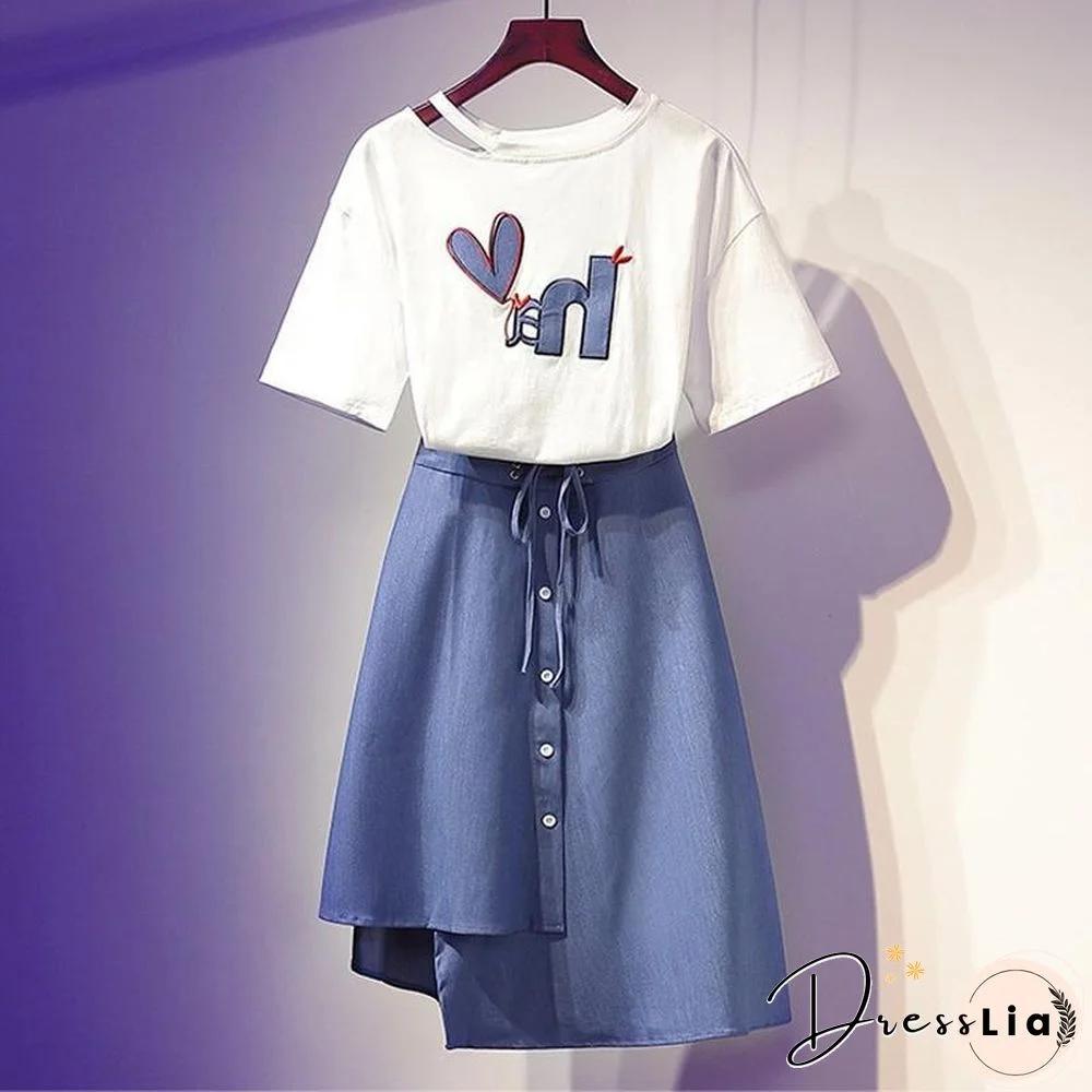 Cute Print Tee+Button Skirt P11163
