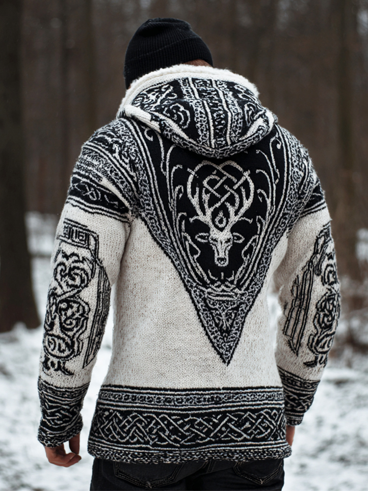 Viking Celtic Knot & Elk Men's Fur Trim Hooded Sweater elevenforest