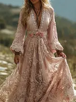 Vintage Boho Floral Lace Art Flowy Linen Maxi Dress
