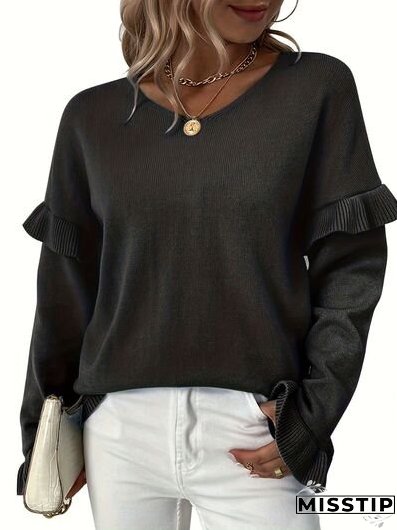 V-Neck Ruffle Trim Long Sleeve Sweater
