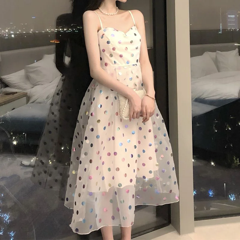 Spaghetti Strap Holographic Dotted Midi Dress YP1629