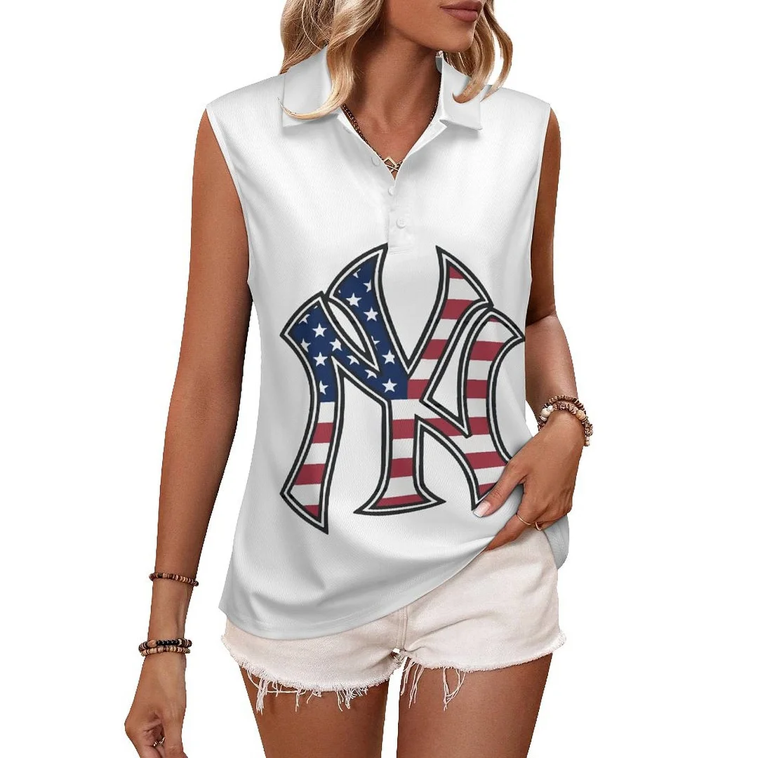 V-neck Sleeveless Casual POLO Shirt Tank Top for Women Printed with Pattern ,Blue