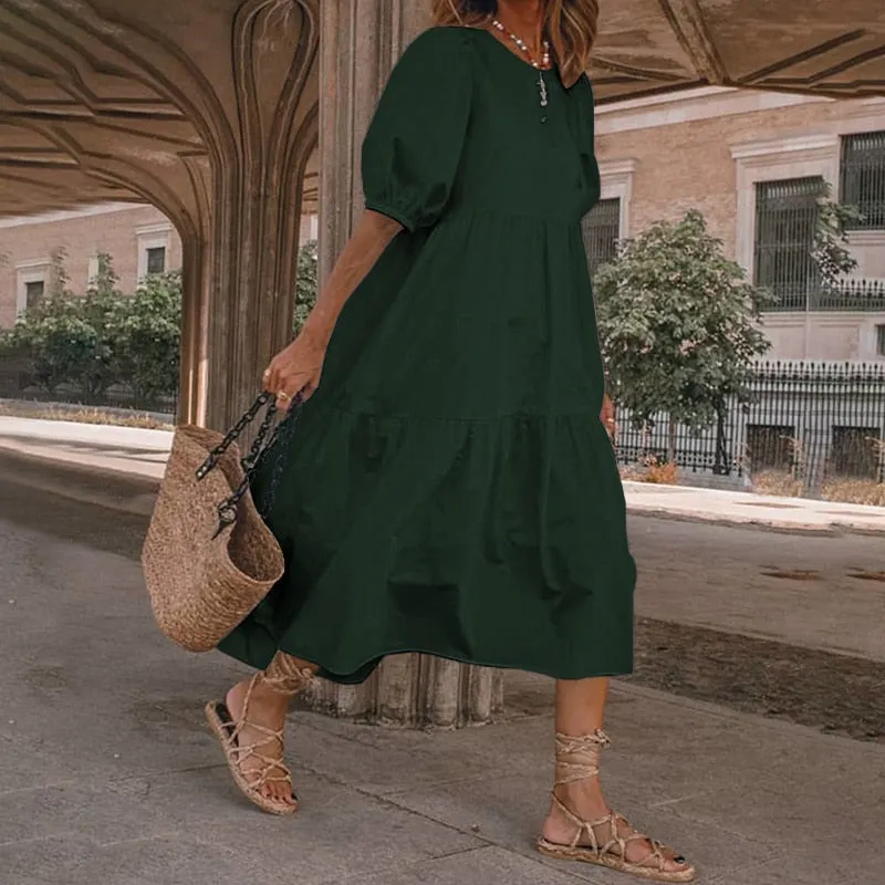 VONDA Women Summer Midi Dress Ladies Sexy Lantern Sleeve Beach Sundress 2022 Fashion Ruffled Casual Solid Bohemian Vestidos Robe