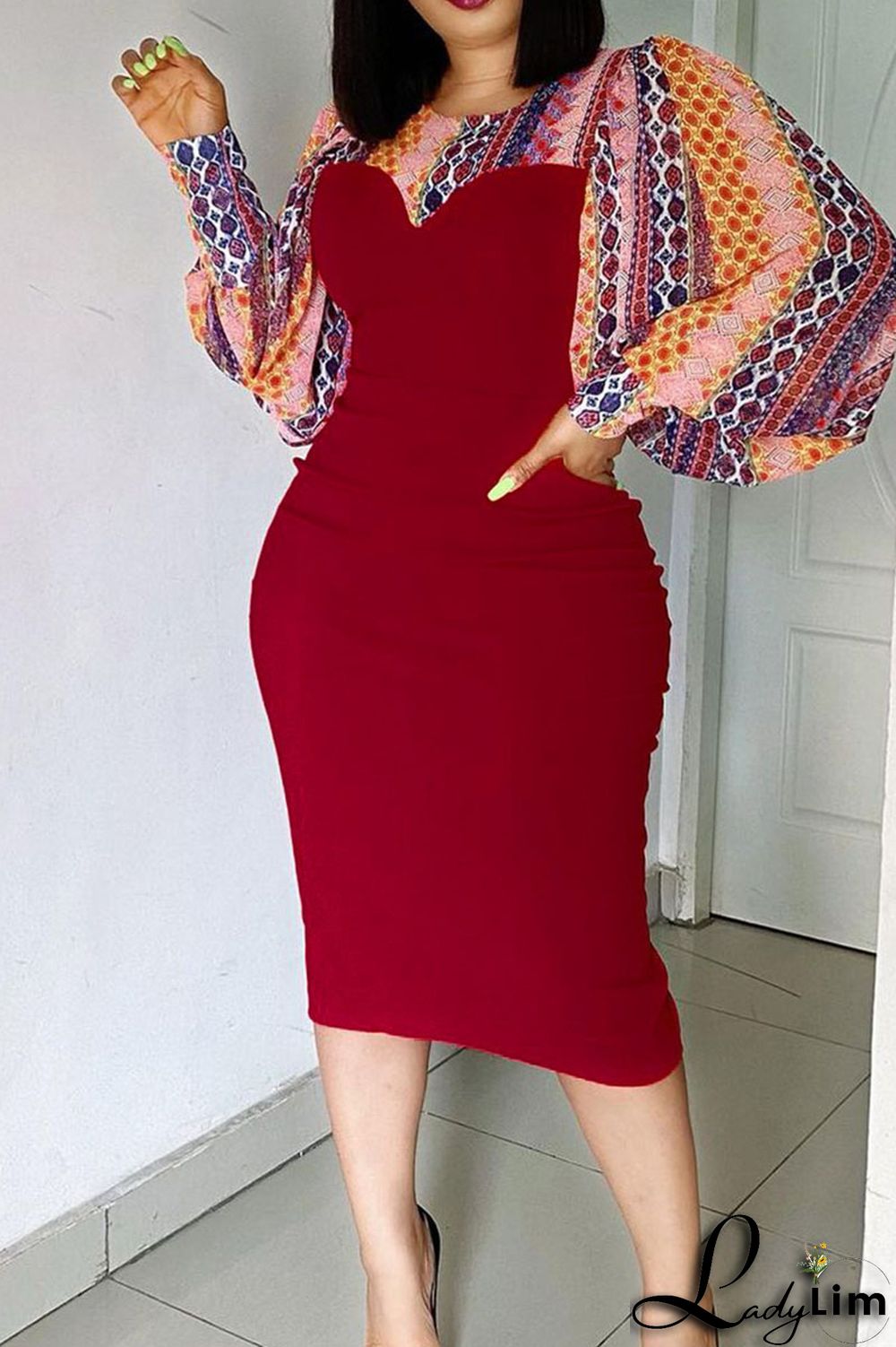 Blue Sexy Print Split Joint O Neck One Step Skirt Dresses