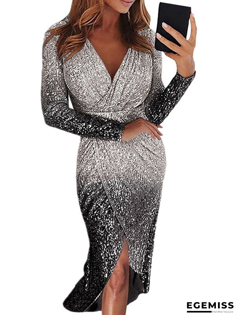 Long Skirt Evening Dress Long Sleeve Gradient Color Sequin Dinner Dress | EGEMISS