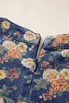 Women's Blue Retro Design Floral Print Bow Tie Pleated Loose Denim Romper