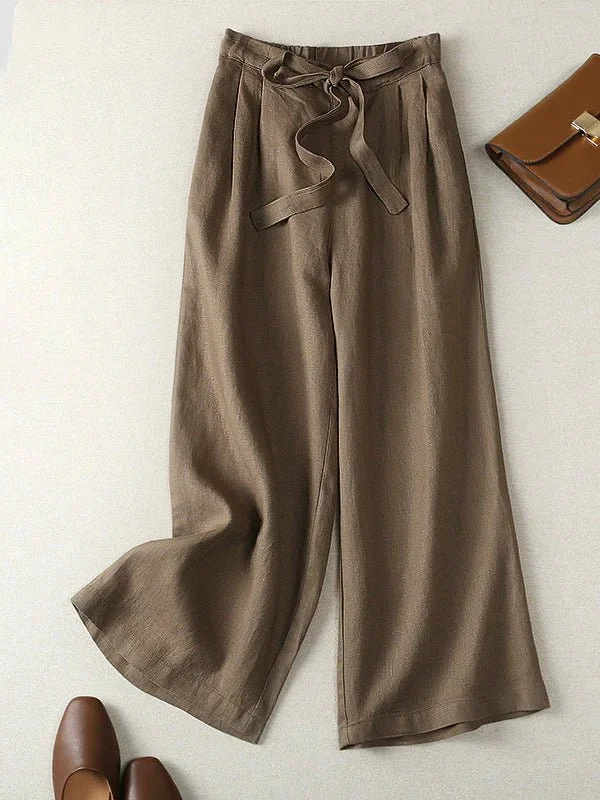Loose Linen Loose Solid Bowknot Straight Pants
