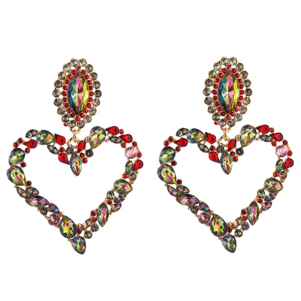 Women's Vintage Pop Heart Shaped Alloy Color Rhinestone Pendant Earrings