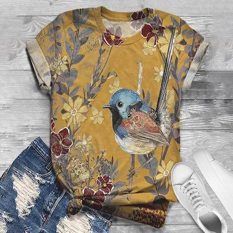 Fashion Casual Bird Print T-shirt