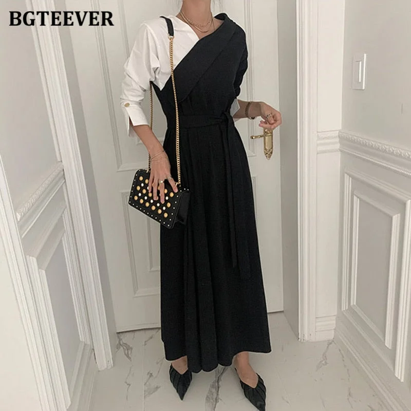 BGTEEEVR Stylish V-neck Patchwork Women A-line Dress Chic Full Sleeve Lace-up Long Female Dress Elegant Spring Dress Vestidos