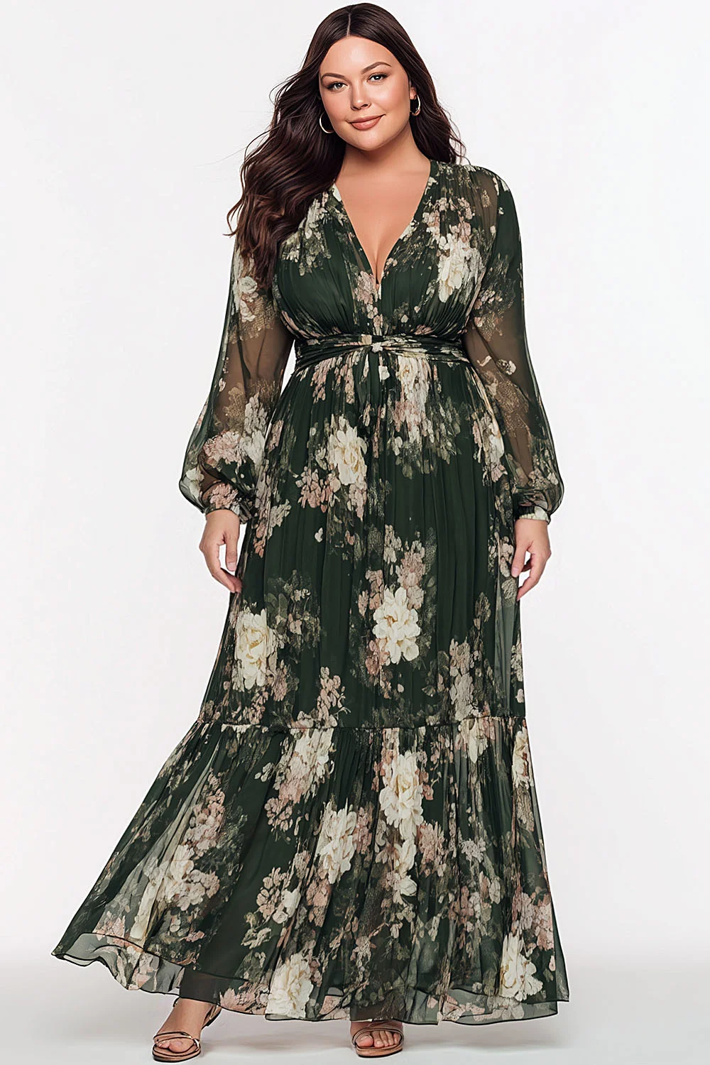 Flycurvy Plus Size Mother Of The Bride Dark Green Chiffon Floral Print  Lantern Sleeve Layered Maxi Dress- Flycurvy