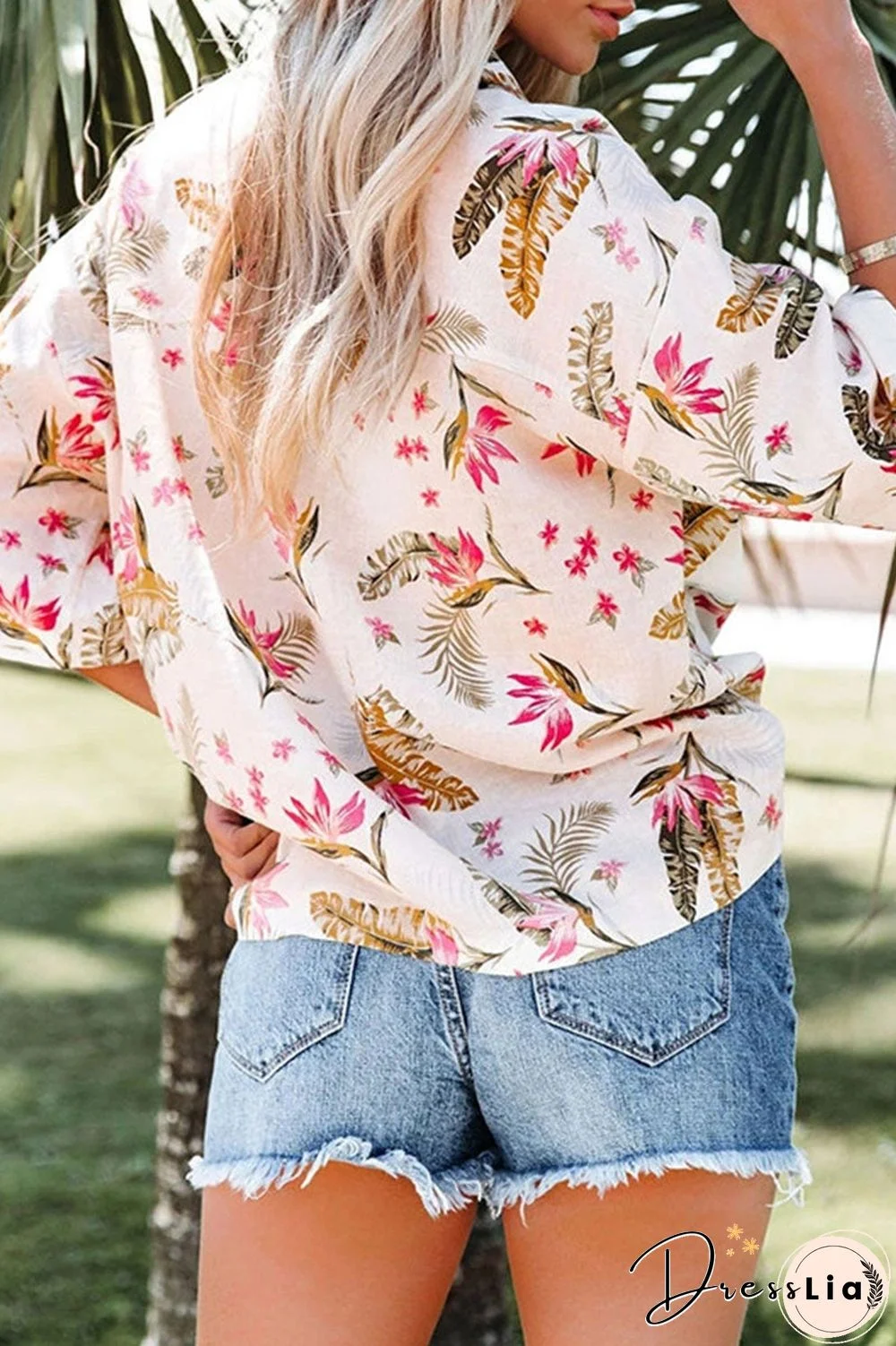 Fashion Casual Print Split Joint Turndown Collar Tops