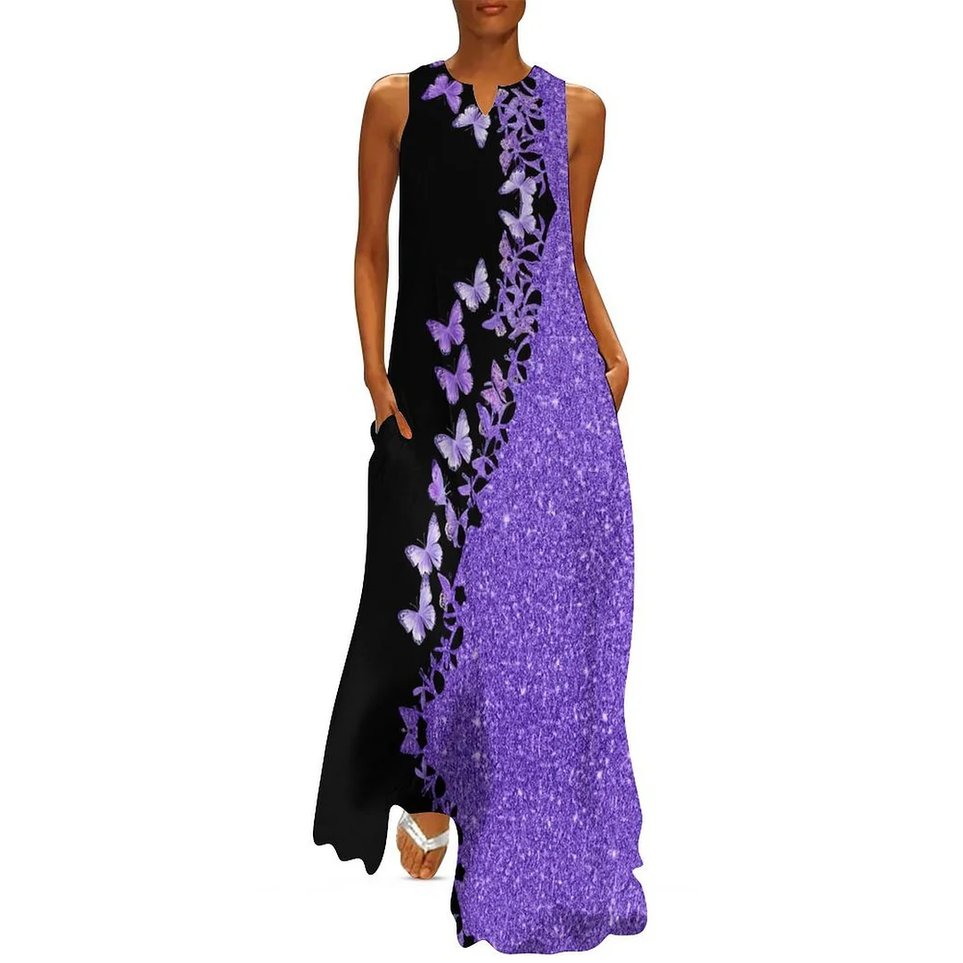 Style & Comfort for Mature Women Plus Size Printed Sleeveless Casual Women Maxi Dress with Pockets in Pattern Purple, Butterfly, Glitter