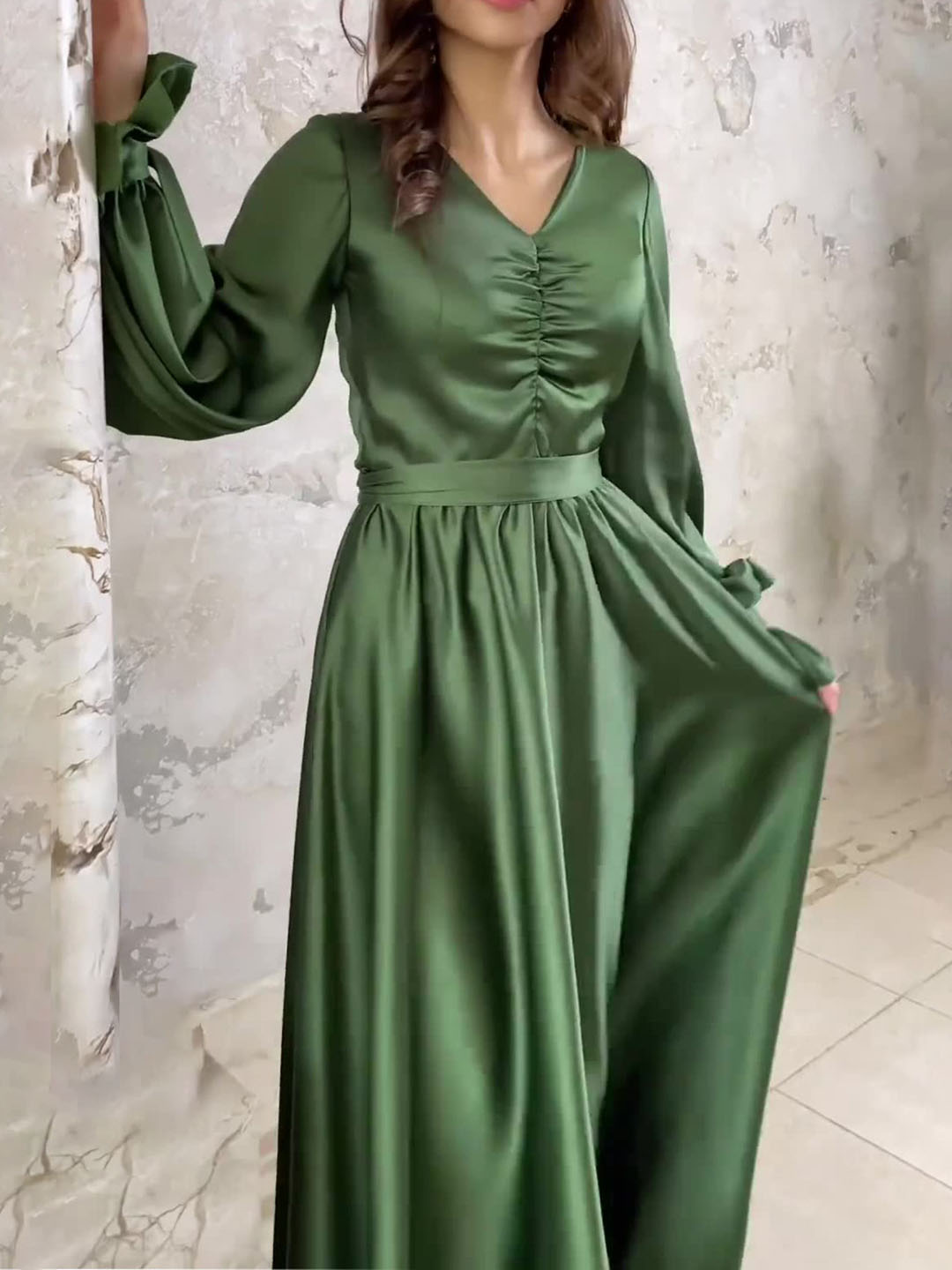 Simple V-neck Satin Pleated Ruffle Dress | Oxredo Shop Ramadan Sale