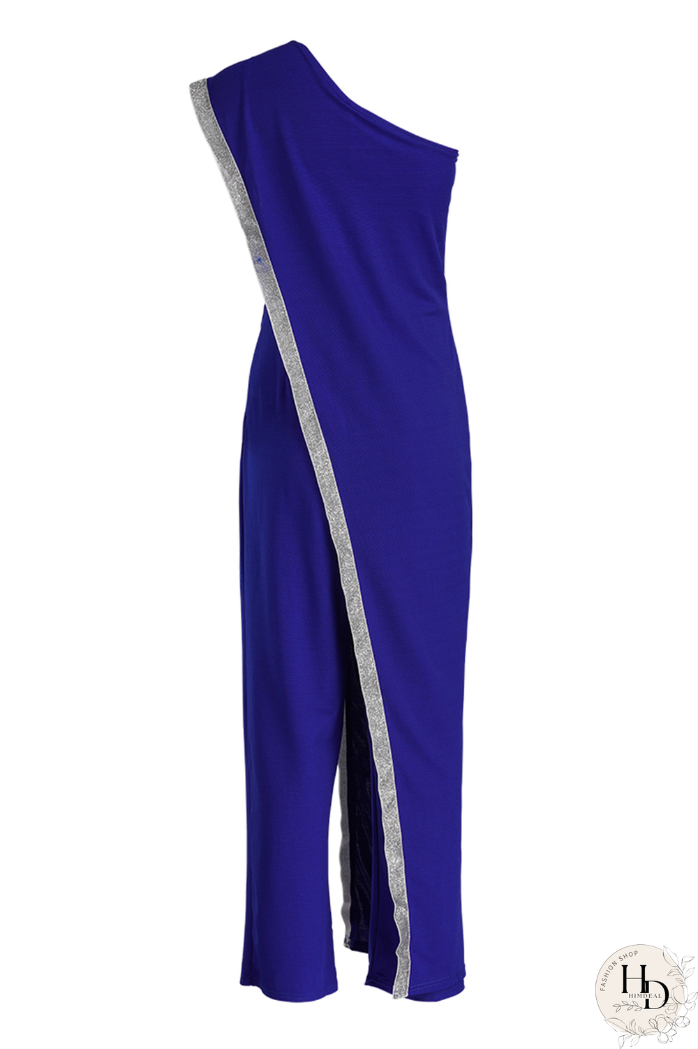 Blue Sexy Solid Sequins One Shoulder Skinny Jumpsuits