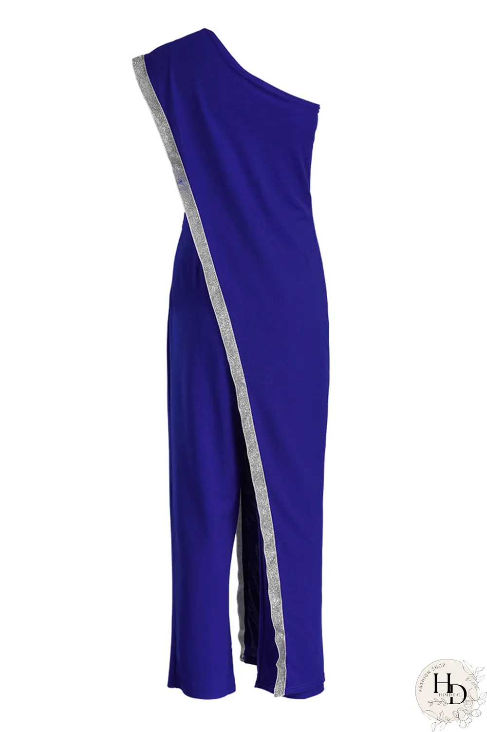 Blue Sexy Solid Sequins One Shoulder Skinny Jumpsuits
