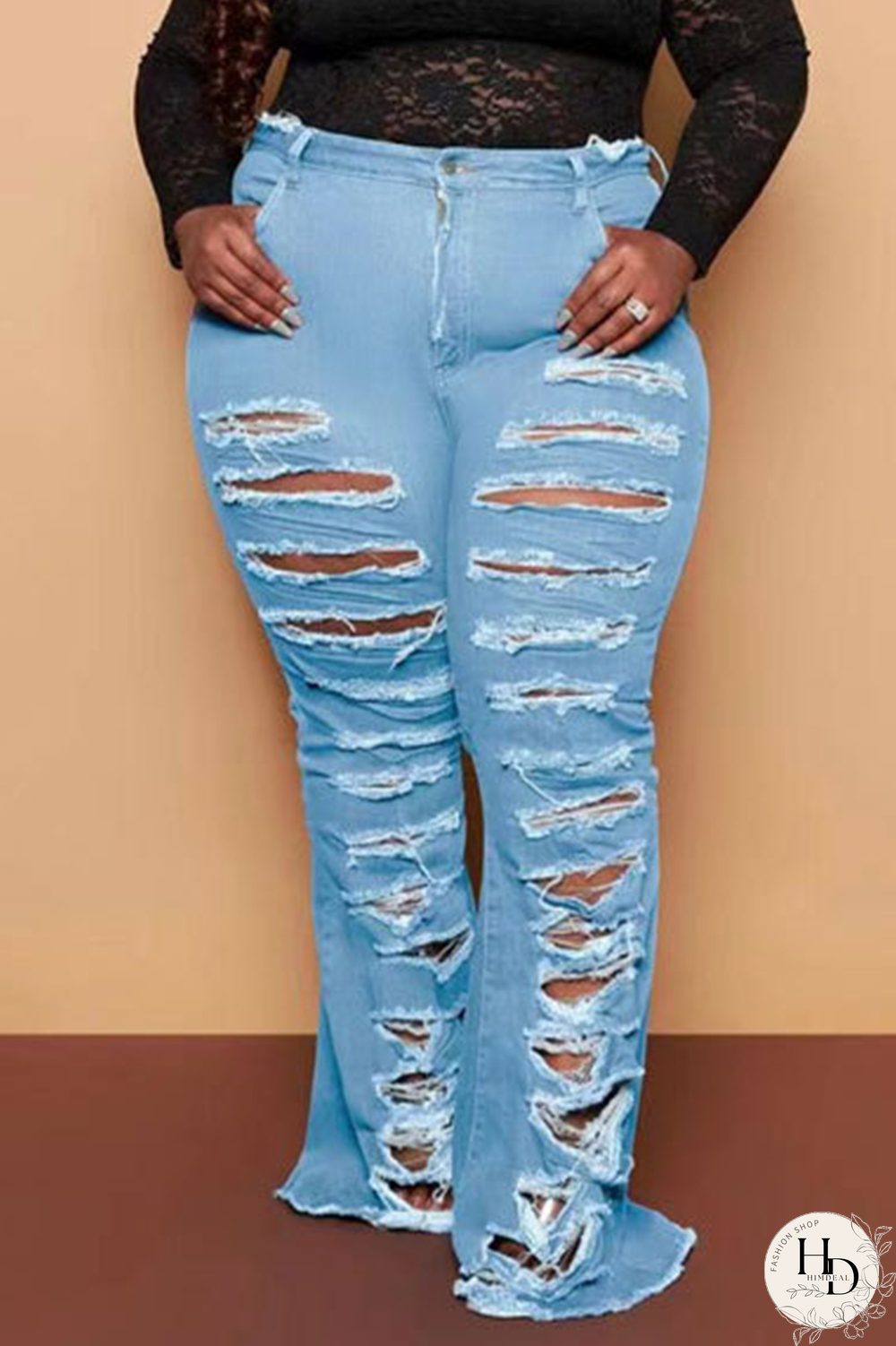 Baby Blue Casual Solid Ripped Plus Size Jeans